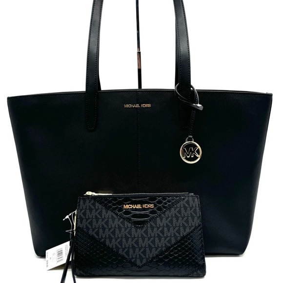 Michael Kors Medium Jet Set Travel Zip Tote Bag & Double Zip Wallet Black/Gold - Picture 1 of 13